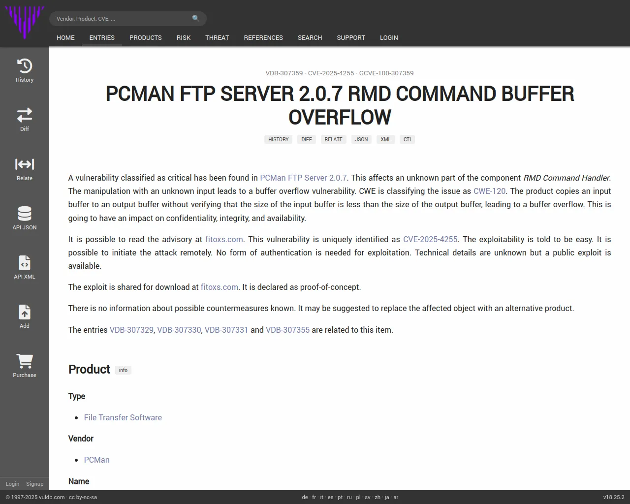 CVE-2025-4255 PCMan FTP Server RMD Command buffer overflow