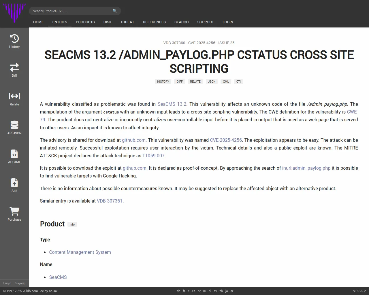 CVE-2025-4256 SeaCMS admin_paylog.php cross site scripting (Issue 25)