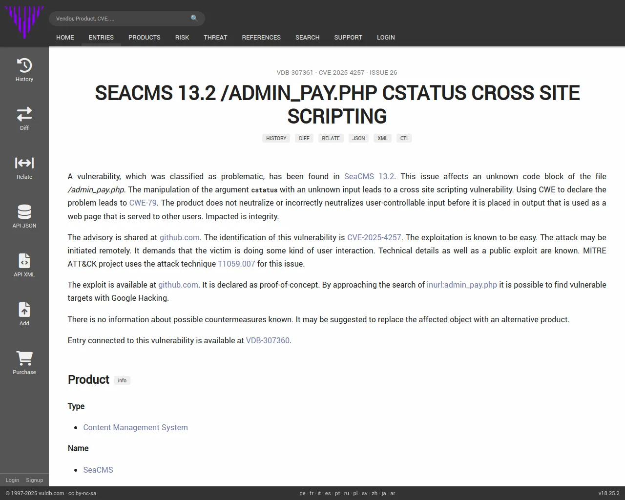 CVE-2025-4257 SeaCMS admin_pay.php cross site scripting (Issue 26)