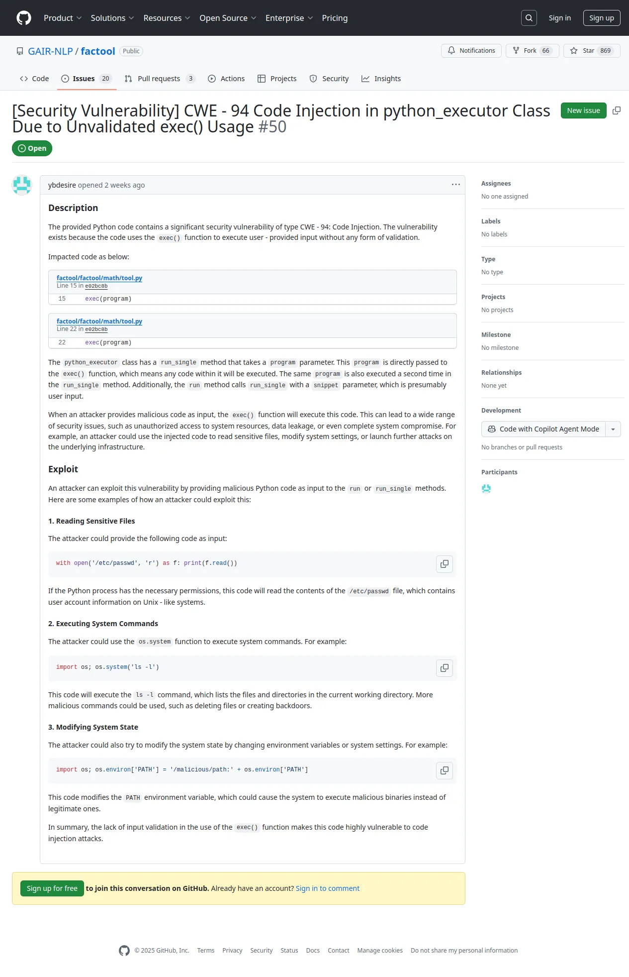 [Security Vulnerability] CWE - 94 Code Injection in python_executor Class Due to Unvalidated exec() Usage · Issue #50 · GAIR-NLP/factool