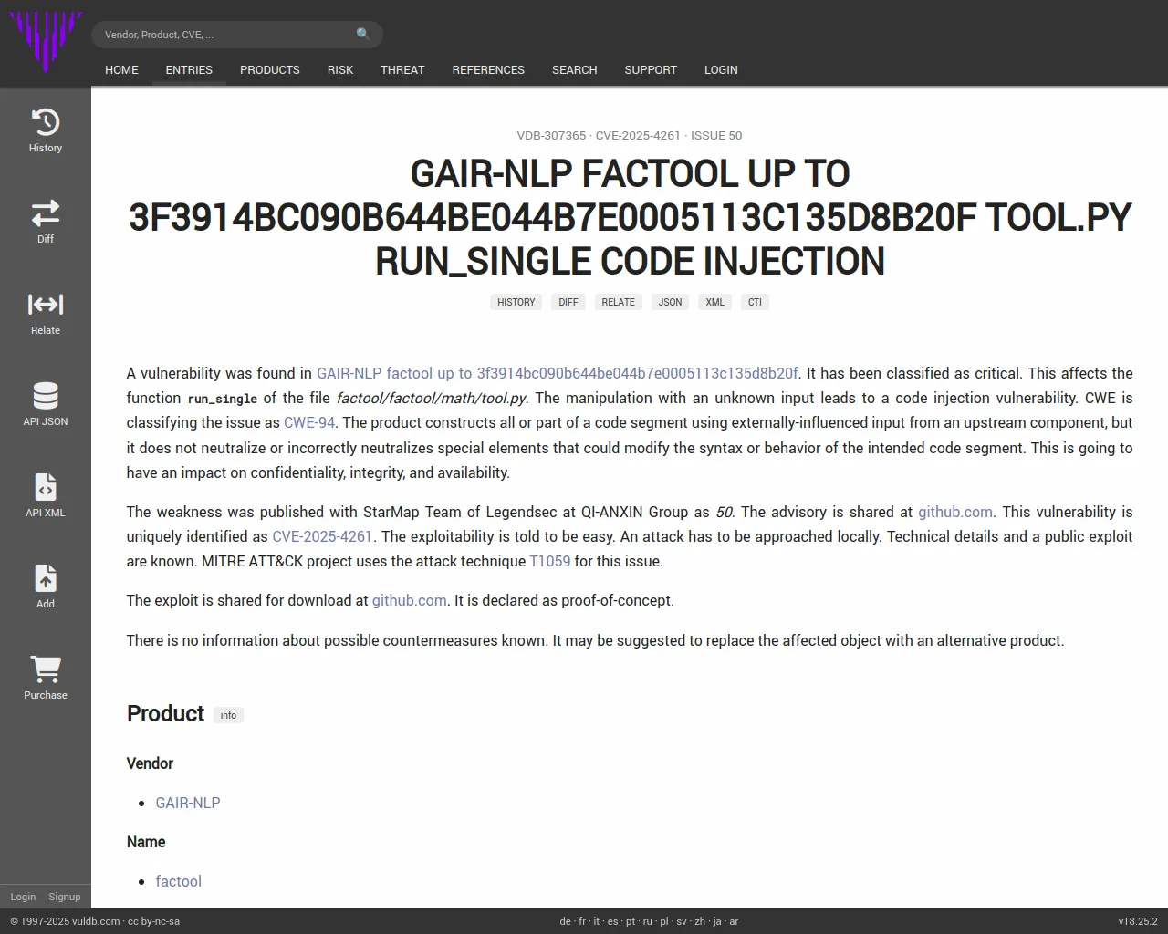 CVE-2025-4261 GAIR-NLP factool tool.py run_single code injection (Issue 50)