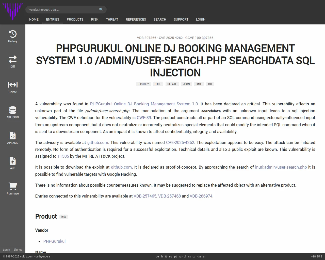 CVE-2025-4262 PHPGurukul Online DJ Booking Management System user-search.php sql injection