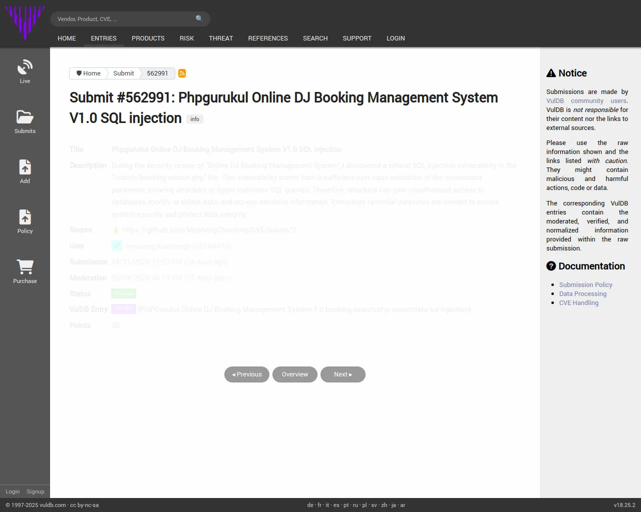 Submit #562991: Phpgurukul Online DJ Booking Management System V1.0 SQL injection