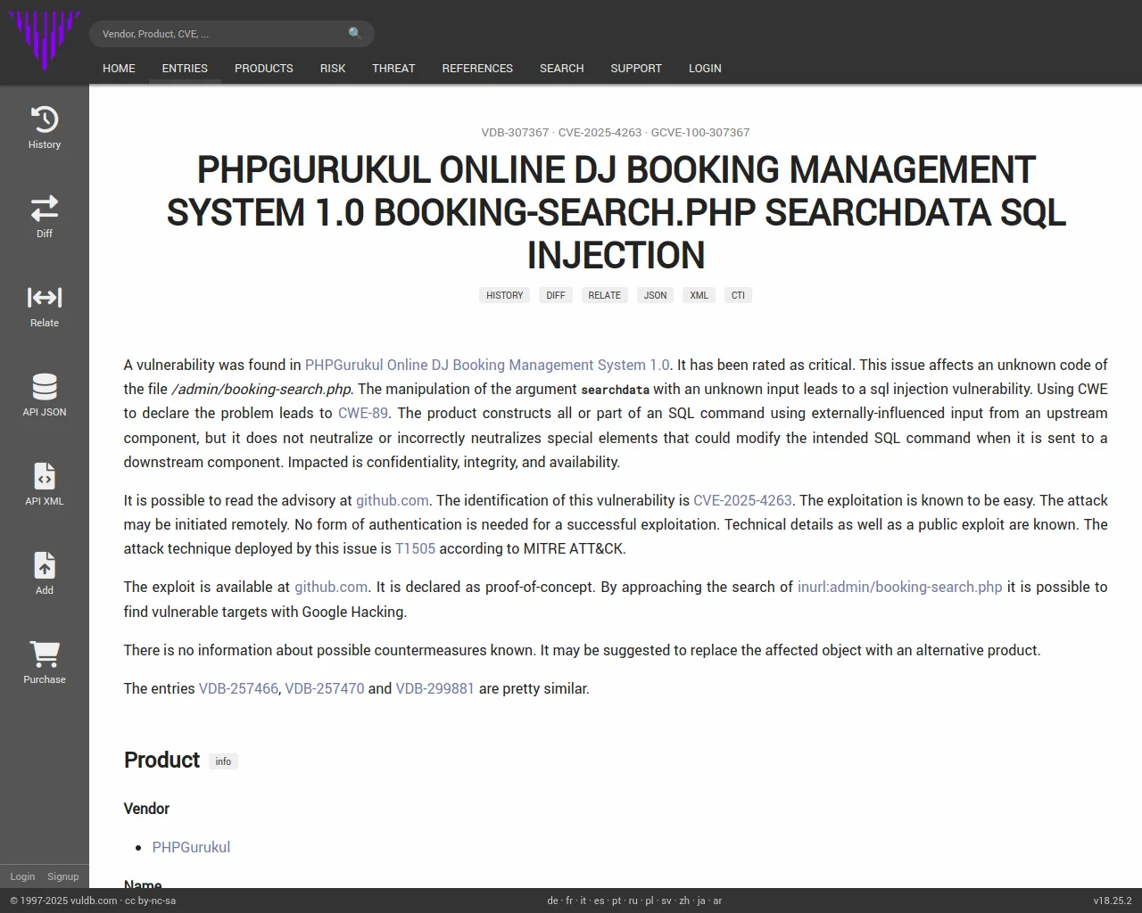 CVE-2025-4263 PHPGurukul Online DJ Booking Management System booking-search.php sql injection