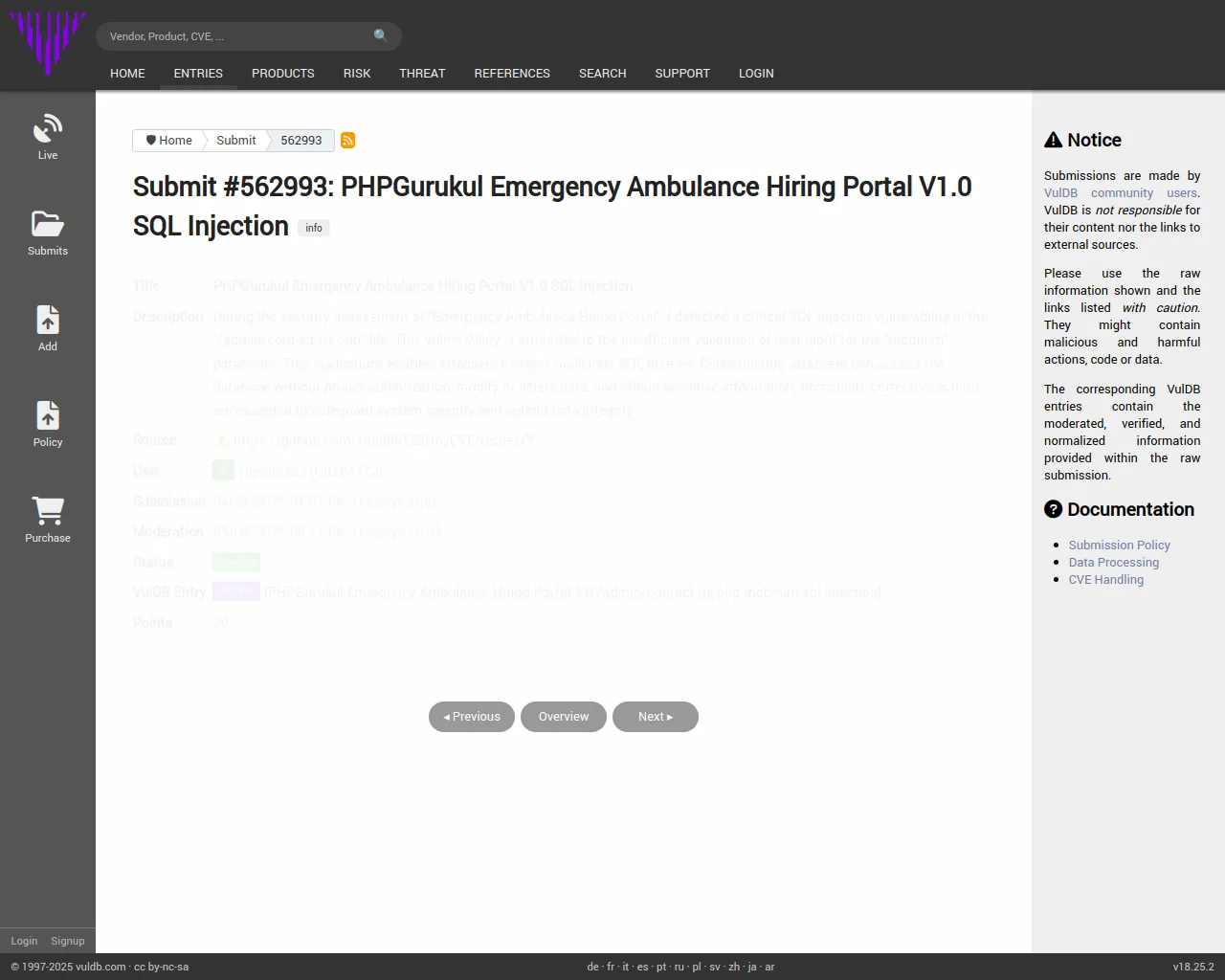 Submit #562993: PHPGurukul Emergency Ambulance Hiring Portal V1.0 SQL Injection