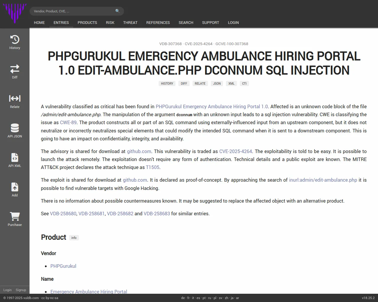 CVE-2025-4264 PHPGurukul Emergency Ambulance Hiring Portal edit-ambulance.php sql injection