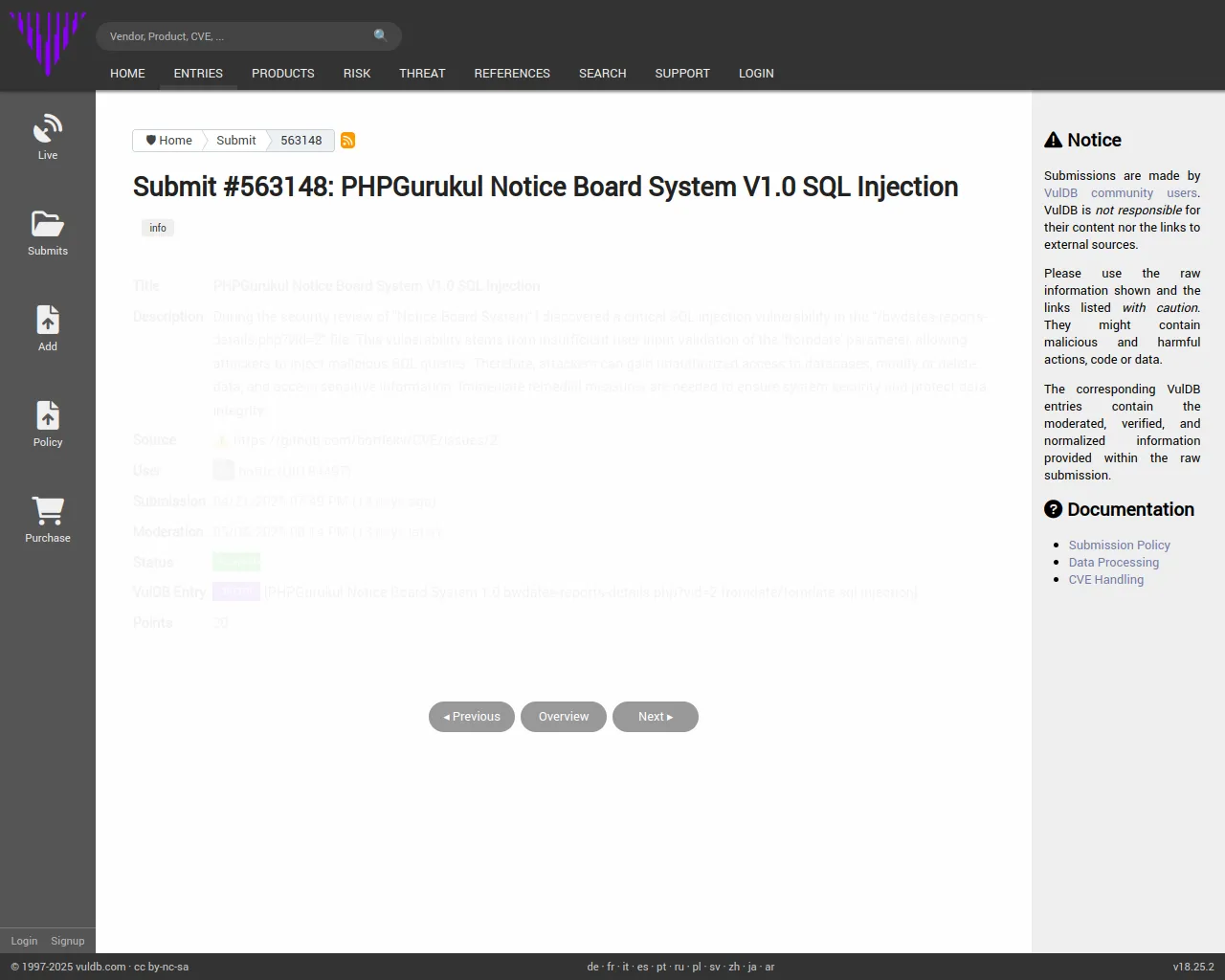 Submit #563148: PHPGurukul Notice Board System V1.0 SQL Injection