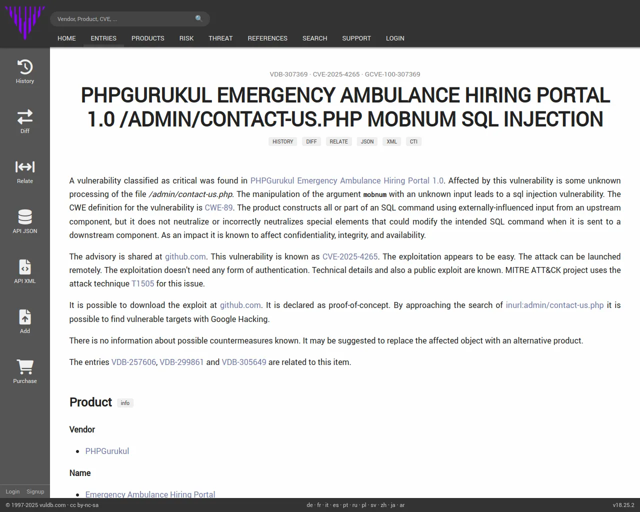 CVE-2025-4265 PHPGurukul Emergency Ambulance Hiring Portal contact-us.php sql injection