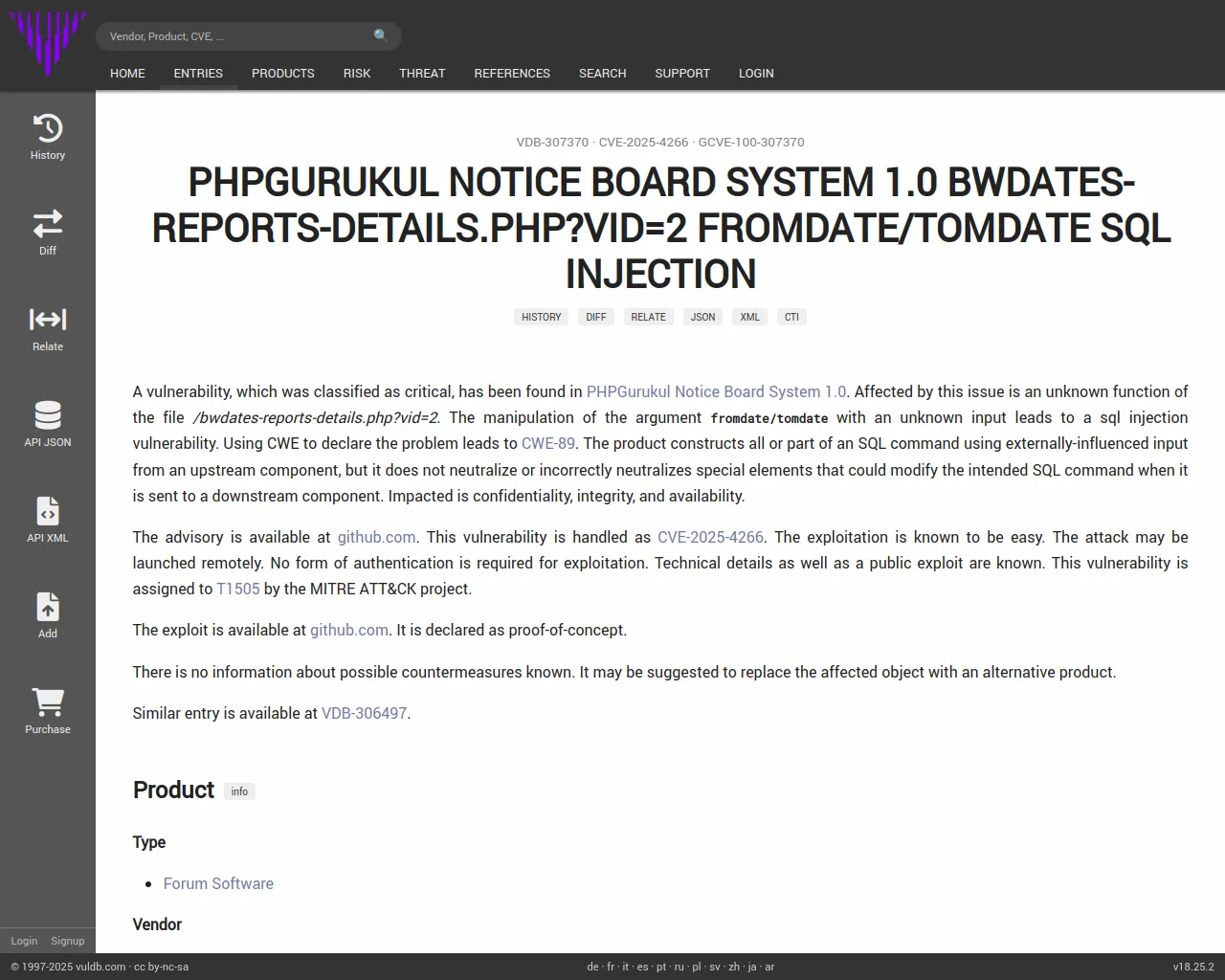CVE-2025-4266 PHPGurukul Notice Board System bwdates-reports-details.php sql injection