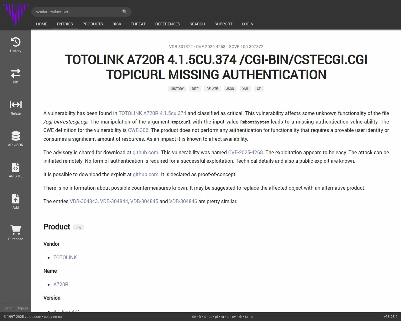 CVE-2025-4268 TOTOLINK A720R cstecgi.cgi missing authentication