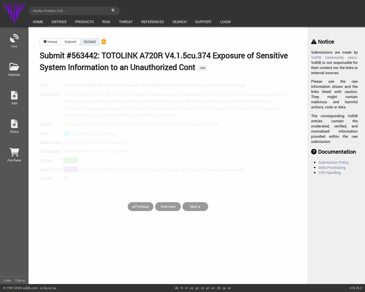 Submit #563442: TOTOLINK A720R V4.1.5cu.374 Exposure of Sensitive System Information to an Unauthorized Cont