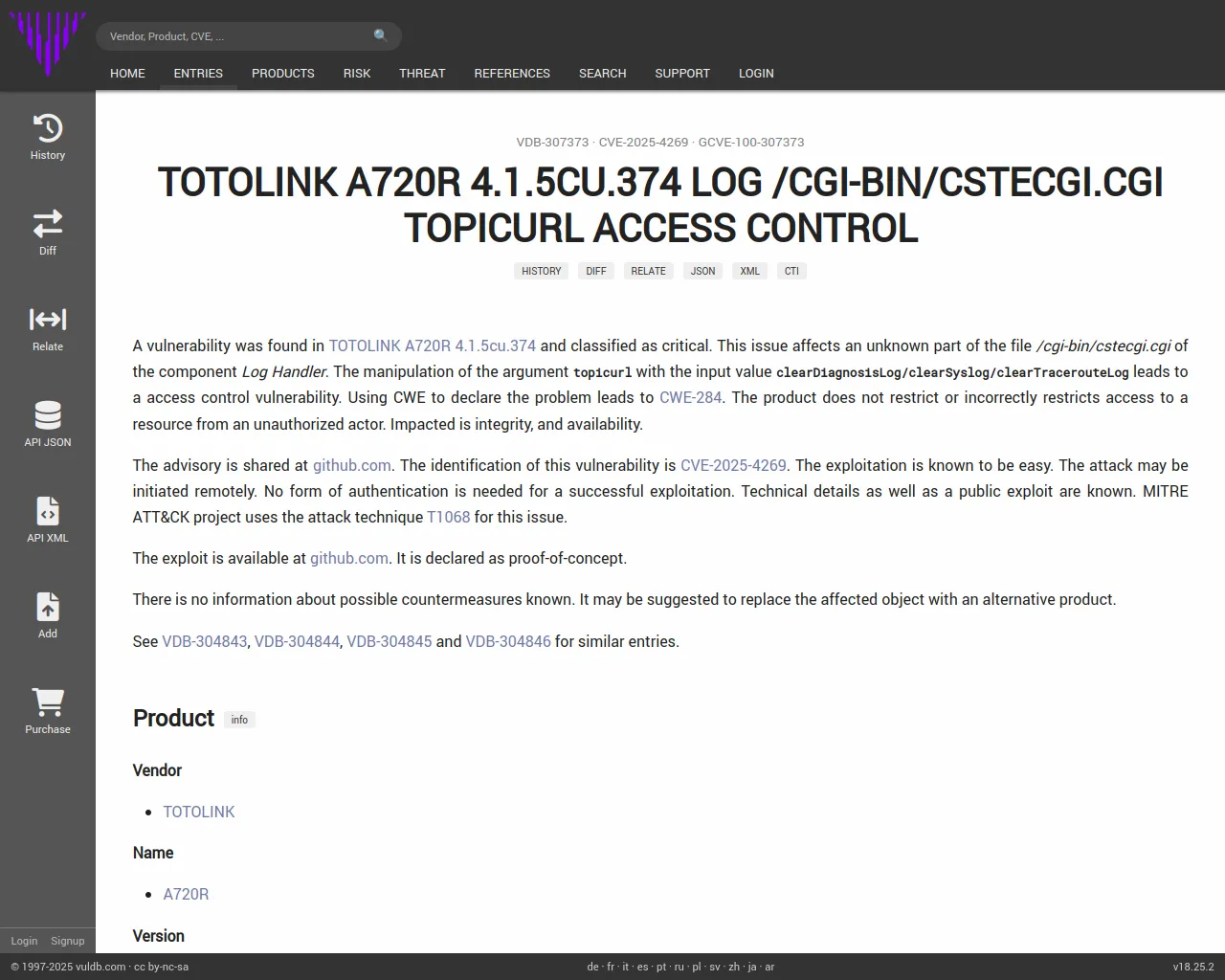 CVE-2025-4269 TOTOLINK A720R Log cstecgi.cgi access control