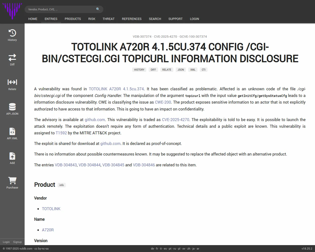 CVE-2025-4270 TOTOLINK A720R Config cstecgi.cgi information disclosure