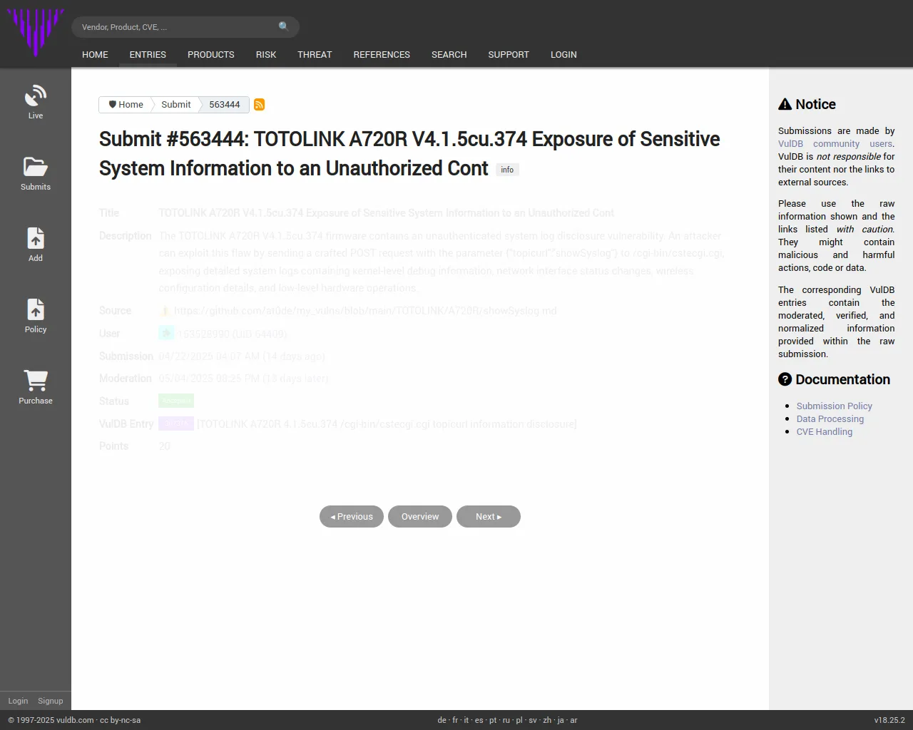 Submit #563444: TOTOLINK A720R V4.1.5cu.374 Exposure of Sensitive System Information to an Unauthorized Cont