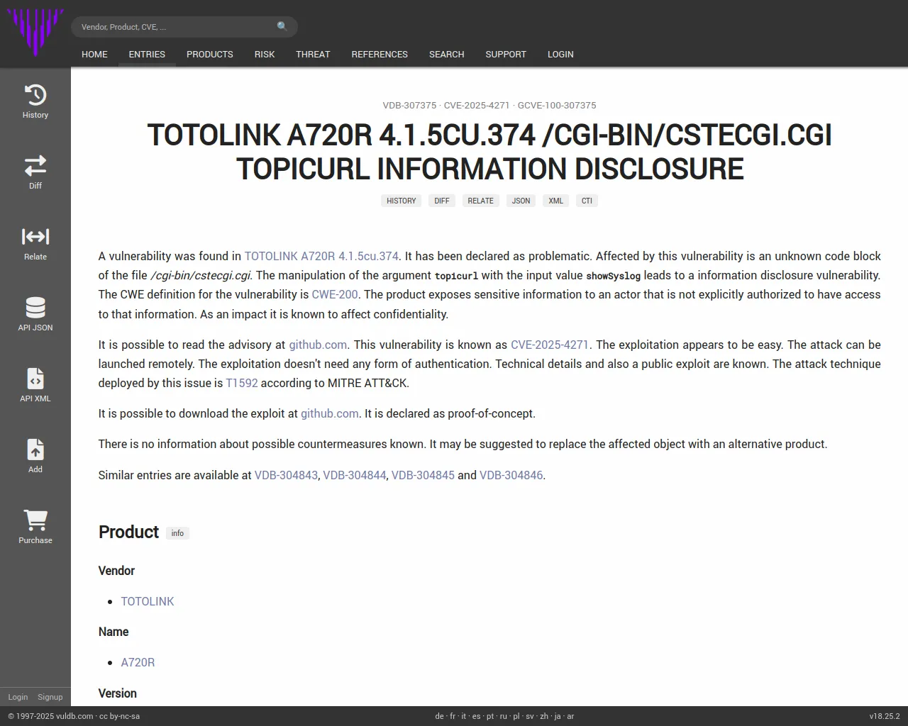 CVE-2025-4271 TOTOLINK A720R cstecgi.cgi information disclosure