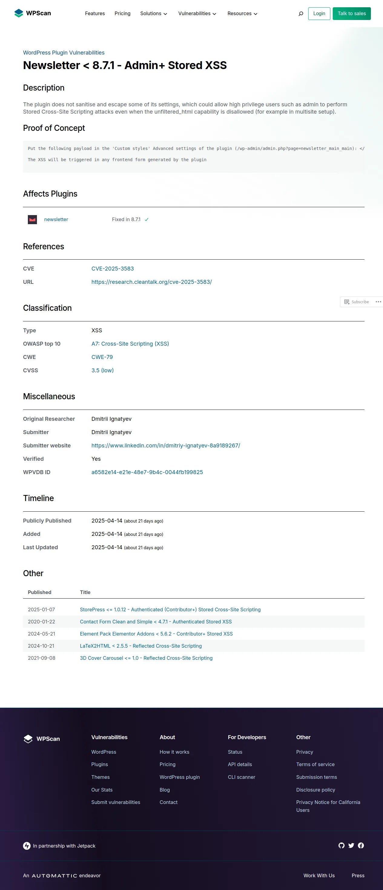 Newsletter < 8.7.1 – Admin+ Stored XSS | CVE 2025-3583 | Plugin Vulnerabilities