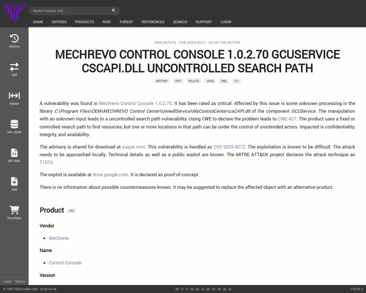 CVE-2025-4272 Mechrevo Control Console GCUService csCAPI.dll uncontrolled search path