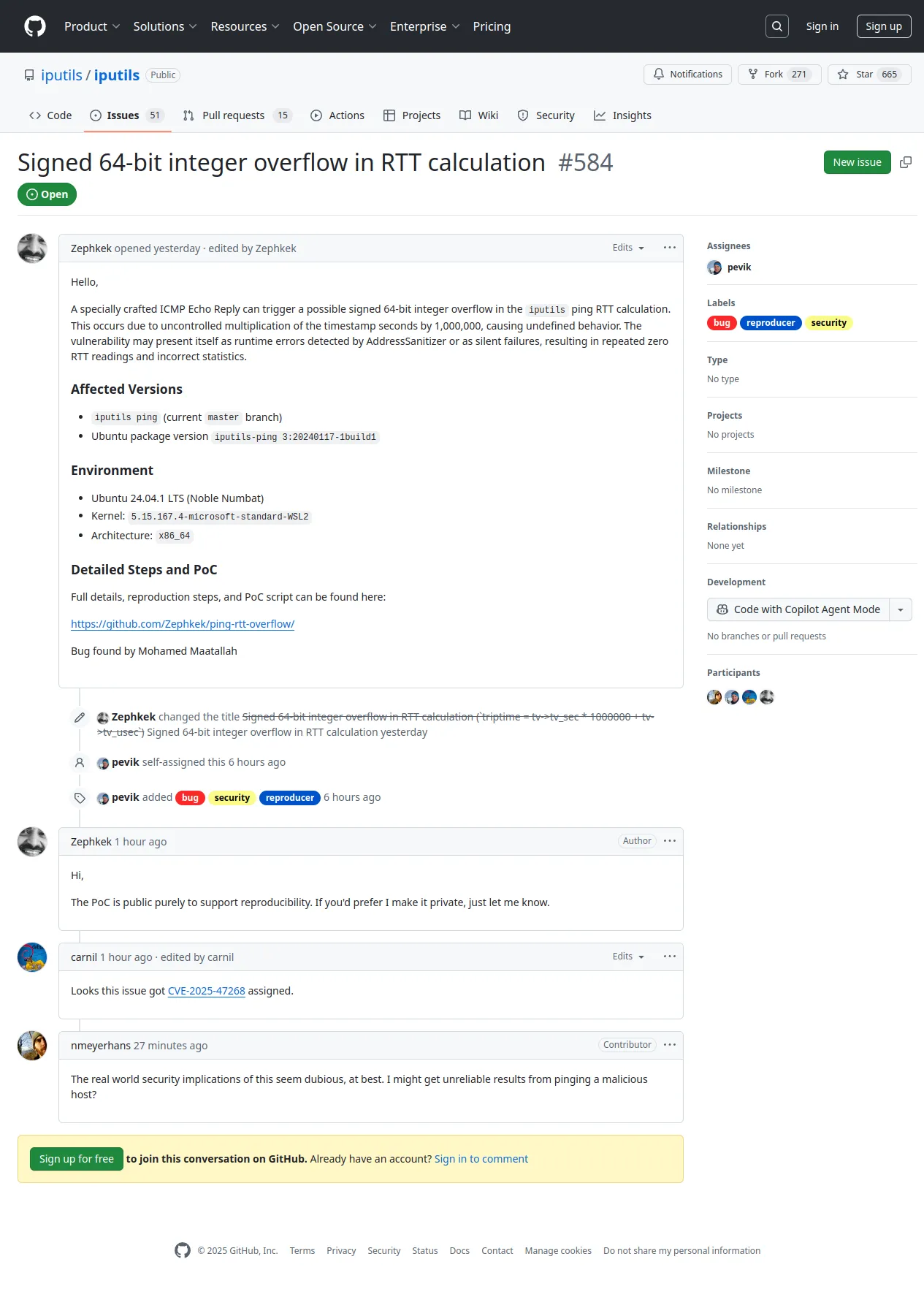 Signed 64-bit integer overflow in RTT calculation · Issue #584 · iputils/iputils
