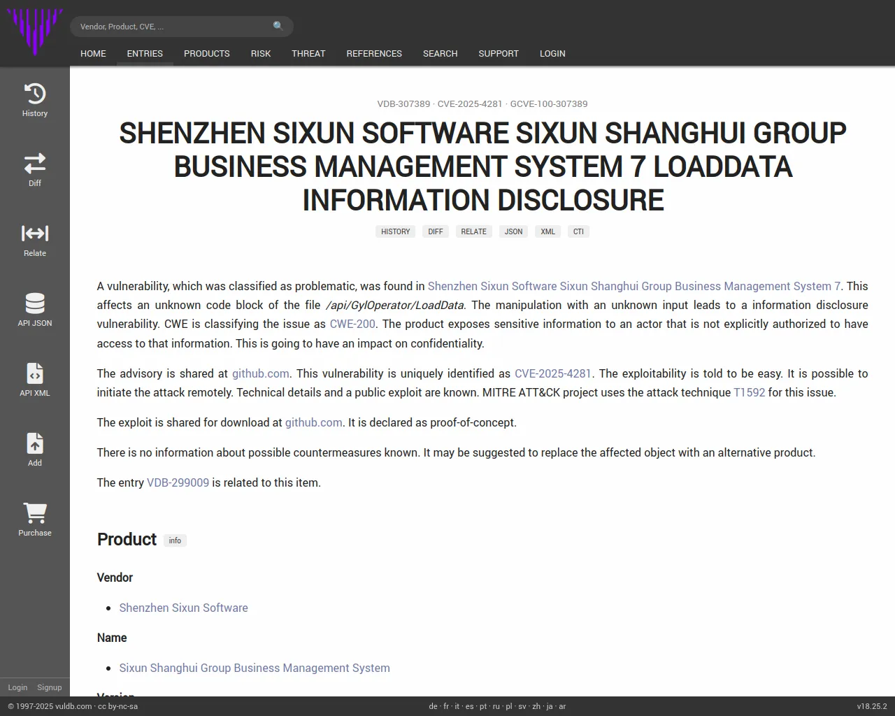 CVE-2025-4281 Shenzhen Sixun Software Sixun Shanghui Group Business Management System LoadData information disclosure