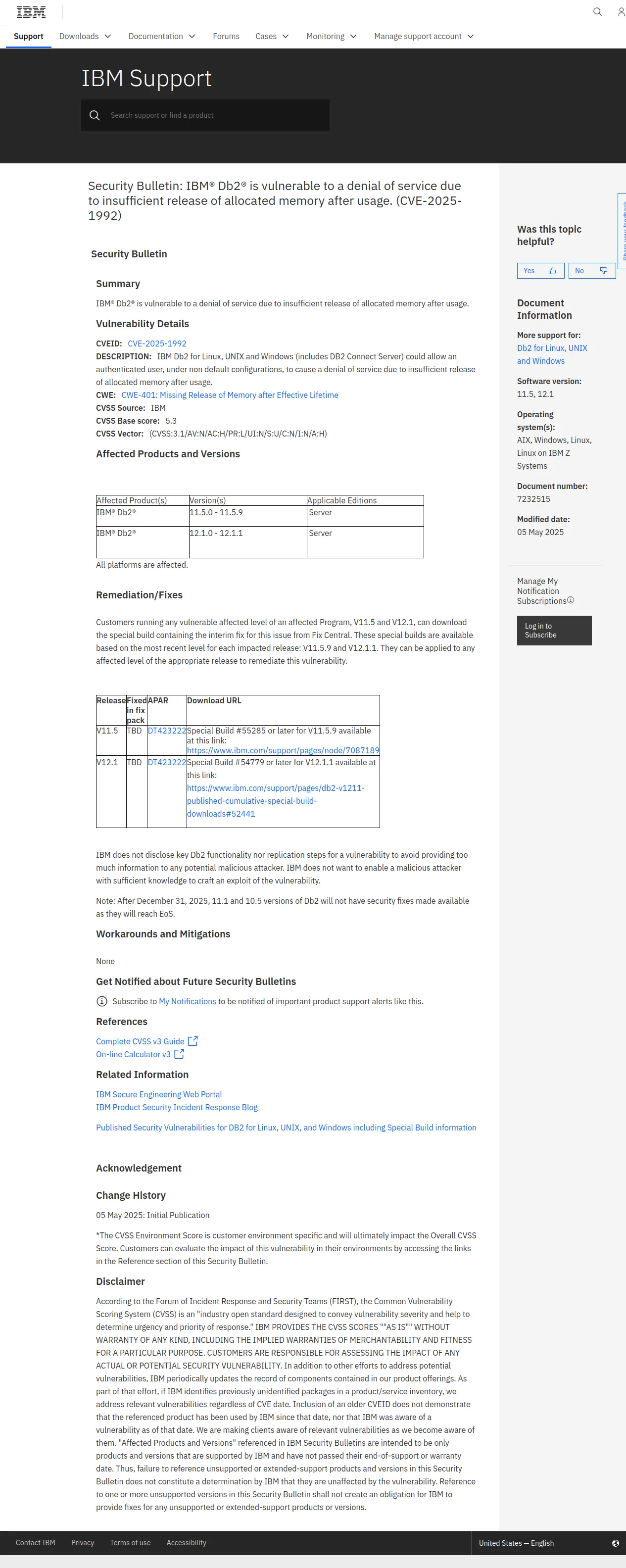 Security Bulletin: IBM® Db2® is vulnerable to a denial of service due to insufficient release of allocated memory after usage. (CVE-2025-1992)