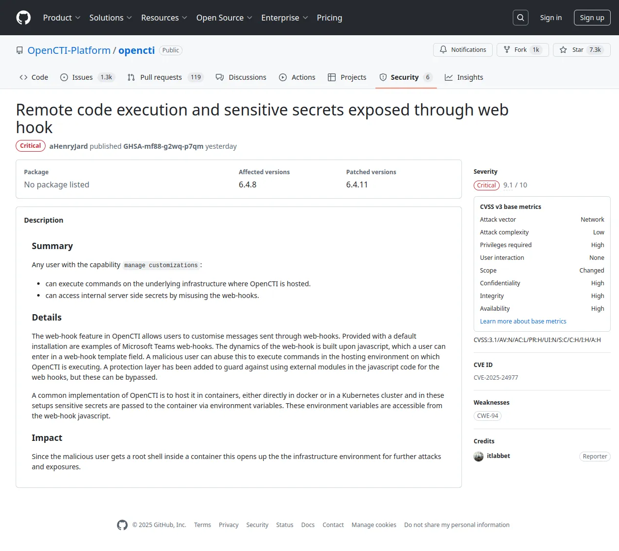 Remote code execution and sensitive secrets exposed through web hook · Advisory · OpenCTI-Platform/opencti · GitHub