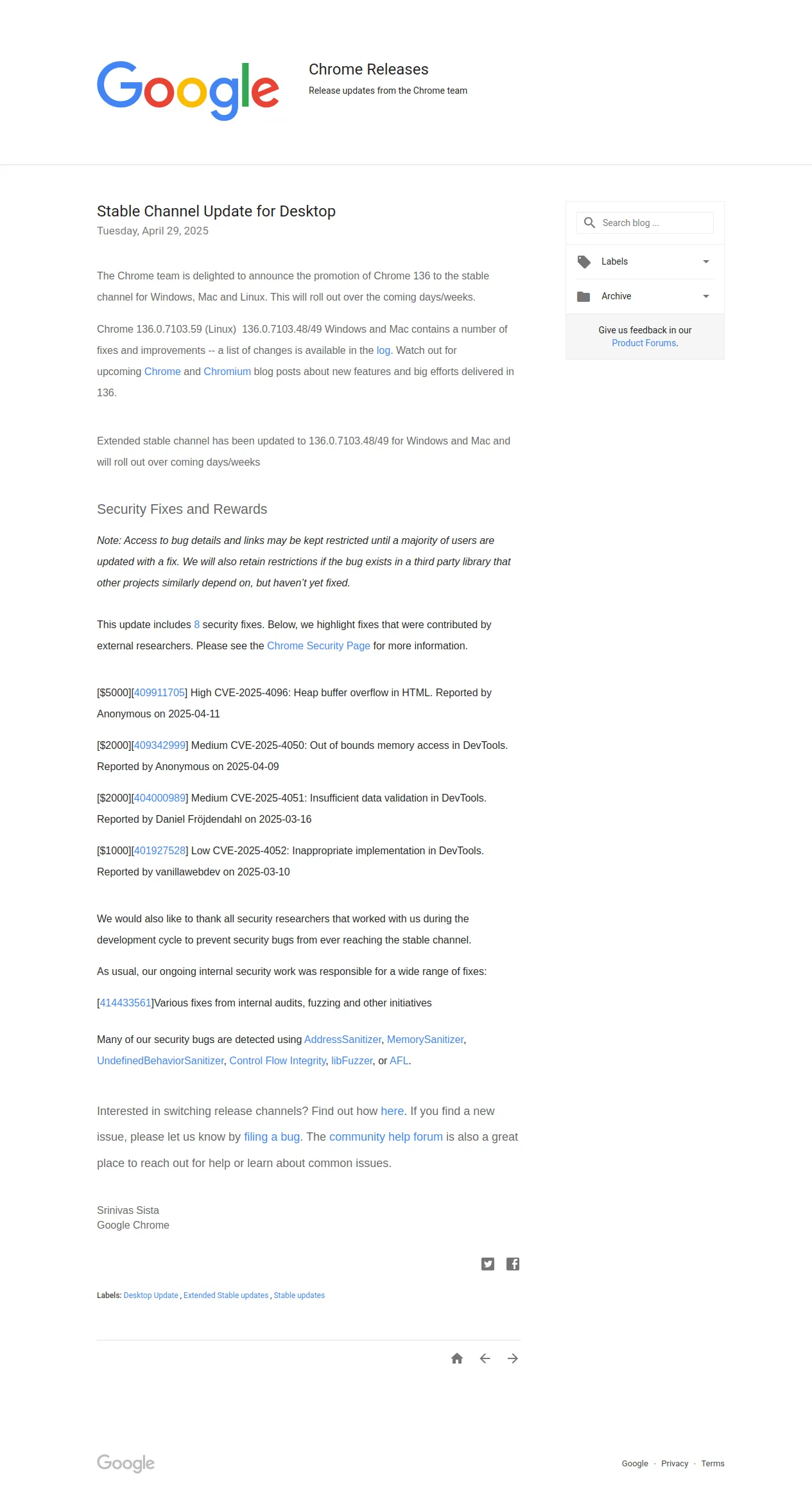 Chrome Releases: Stable Channel Update for Desktop