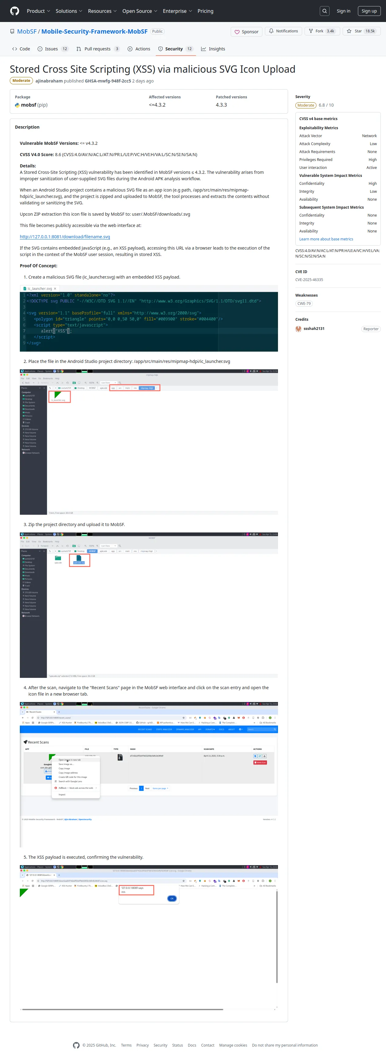 Stored Cross Site Scripting (XSS) via malicious SVG Icon Upload · Advisory · MobSF/Mobile-Security-Framework-MobSF · GitHub