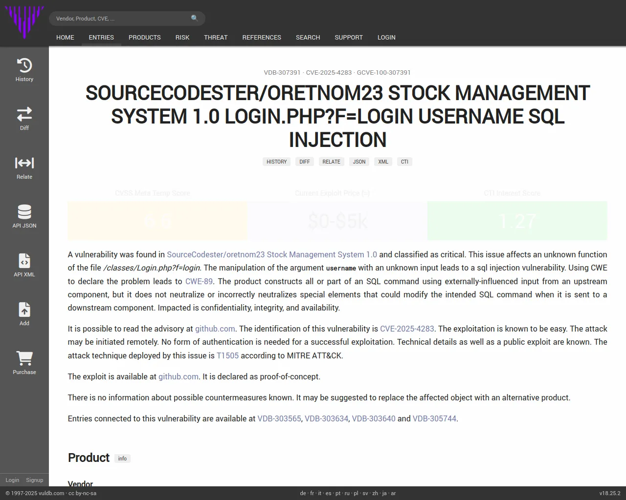 CVE-2025-4283 SourceCodester/oretnom23 Stock Management System Login.php sql injection