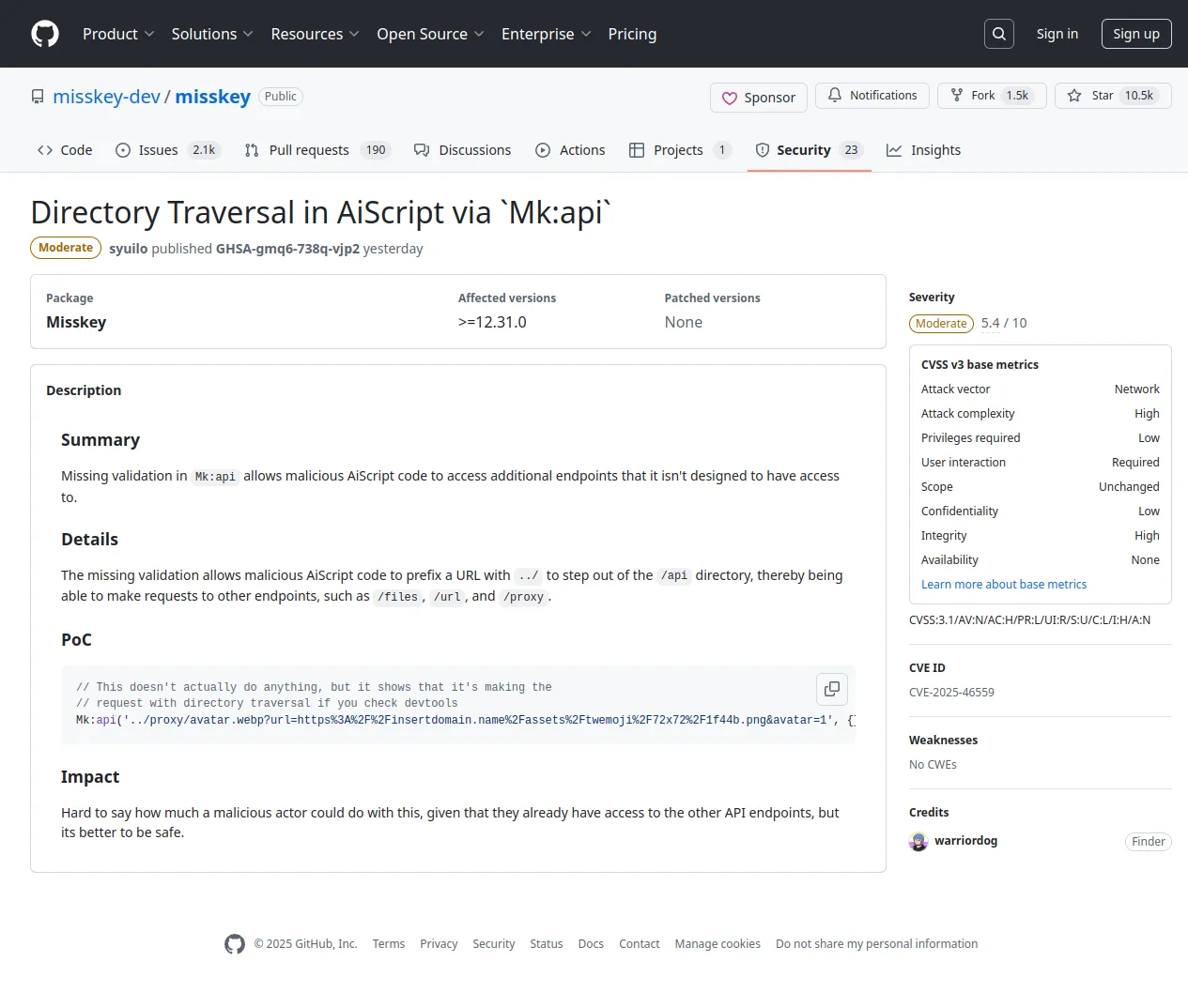 Directory Traversal in AiScript via `Mk:api` · Advisory · misskey-dev/misskey · GitHub