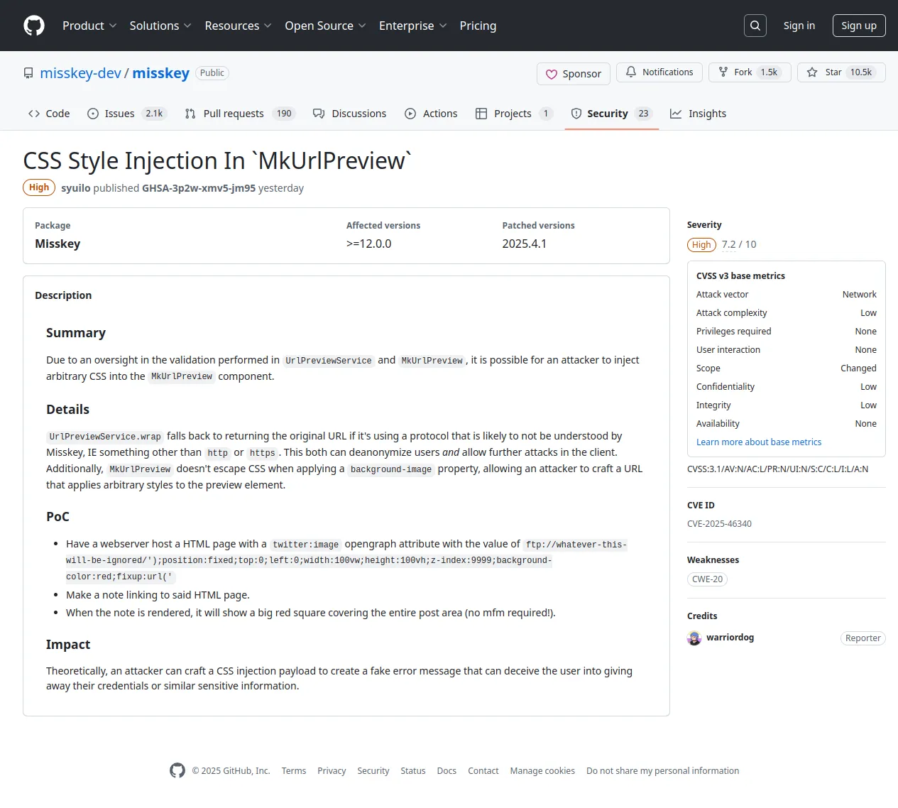 CSS Style Injection In `MkUrlPreview` · Advisory · misskey-dev/misskey · GitHub