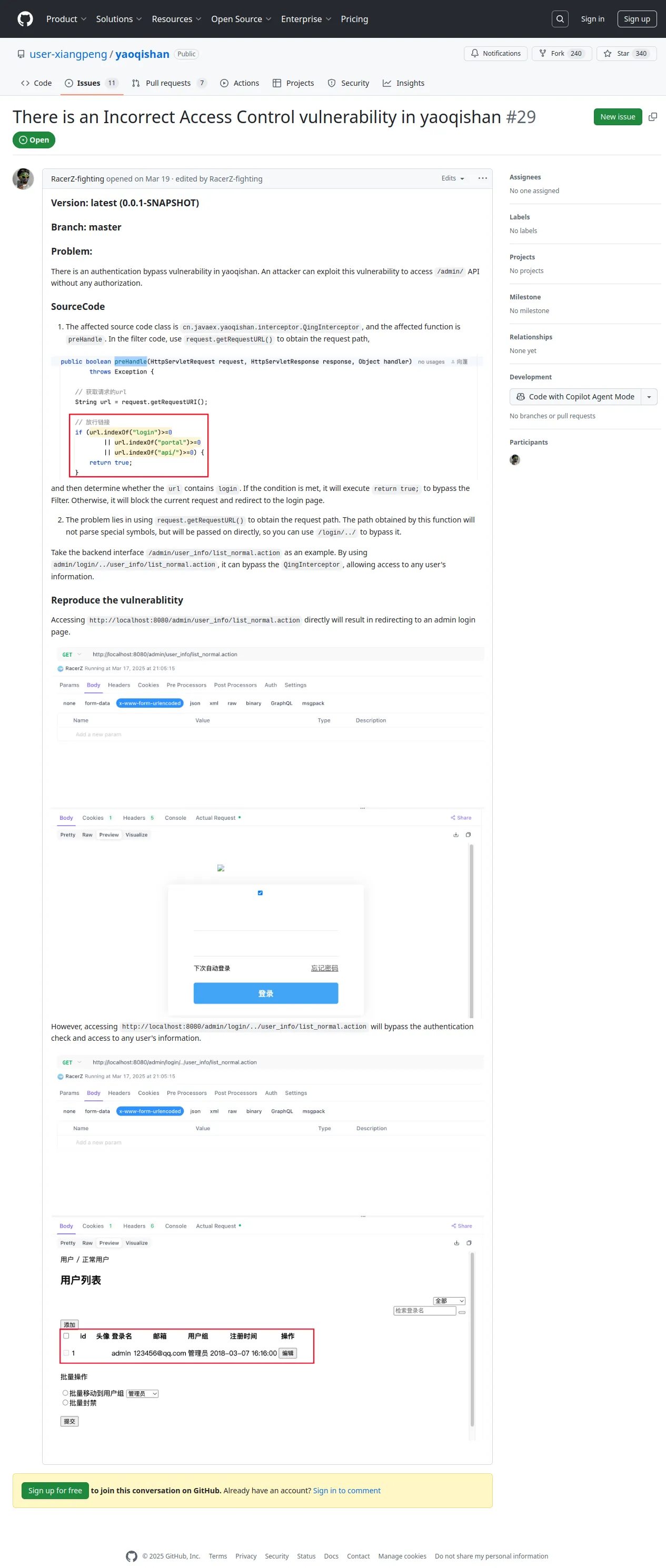 There is an Incorrect Access Control vulnerability in yaoqishan · Issue #29 · user-xiangpeng/yaoqishan