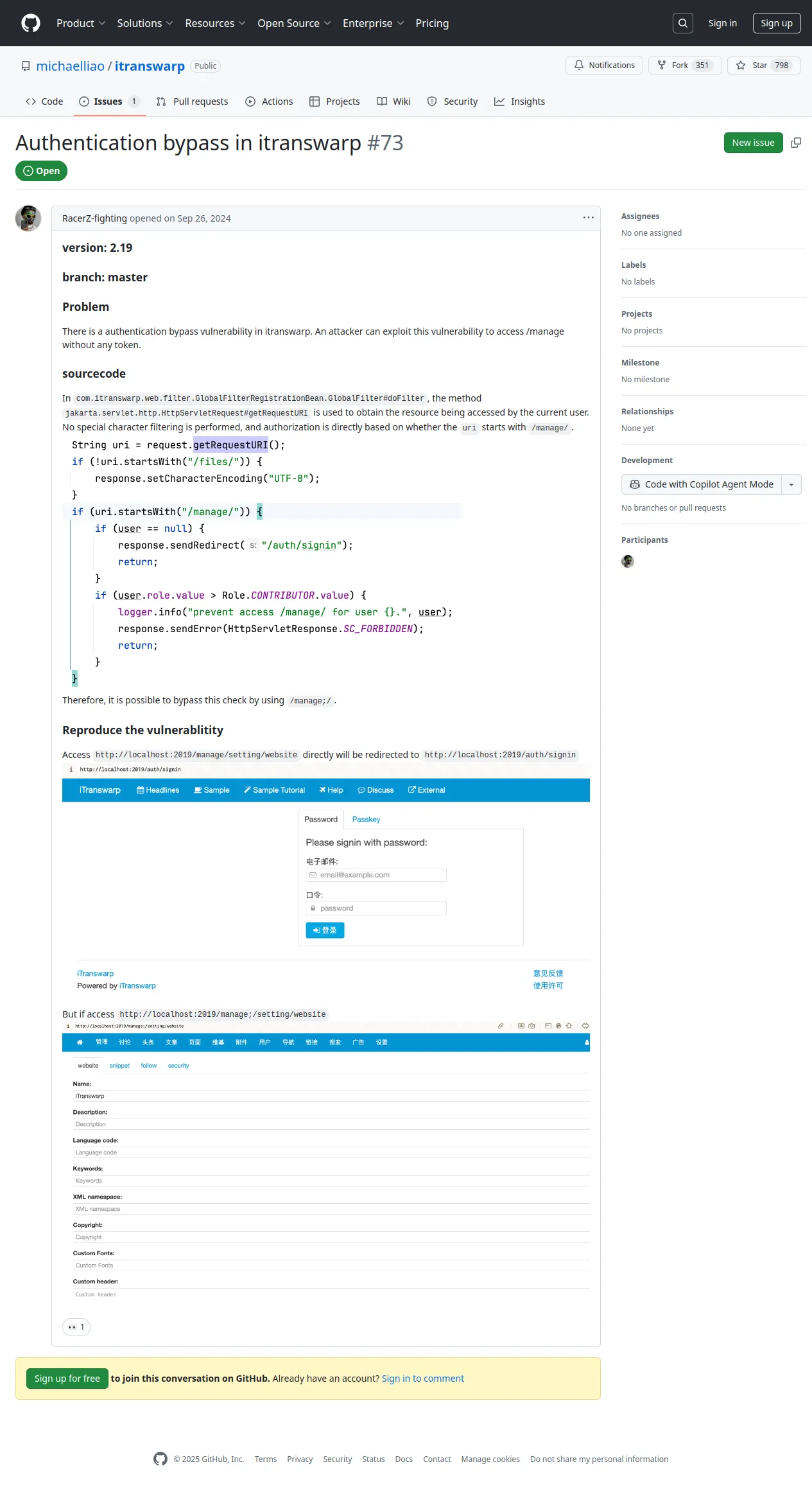 Authentication bypass in itranswarp · Issue #73 · michaelliao/itranswarp