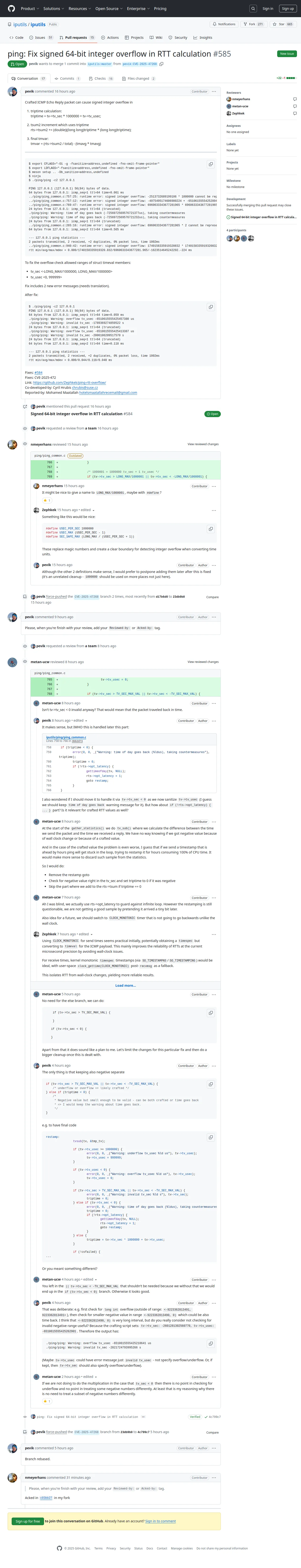 ping: Fix signed 64-bit integer overflow in RTT calculation by pevik · Pull Request #585 · iputils/iputils · GitHub
