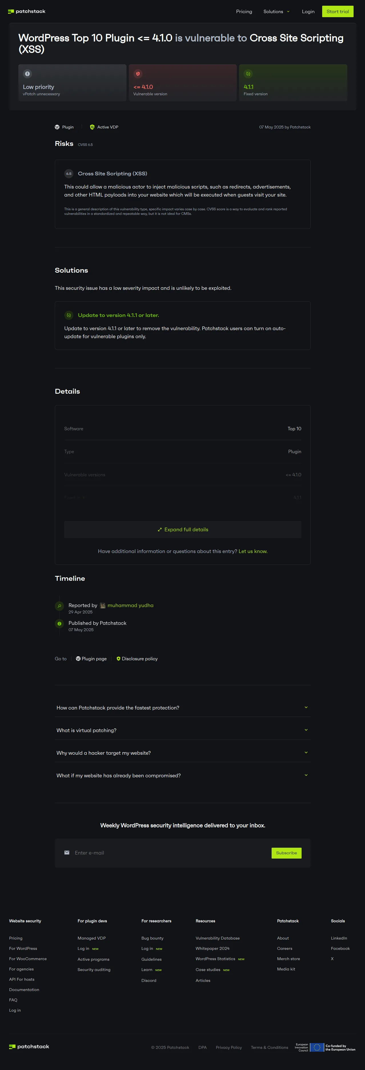 WordPress Top 10 <= 4.1.0 - Cross Site Scripting (XSS) Vulnerability - Patchstack
