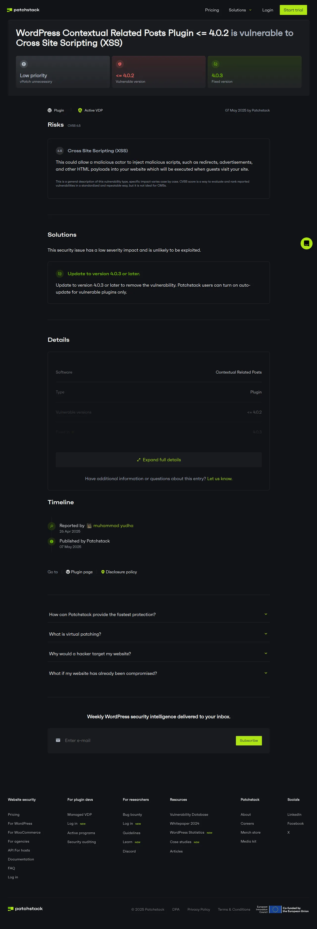 WordPress Contextual Related Posts <= 4.0.2 - Cross Site Scripting (XSS) Vulnerability - Patchstack