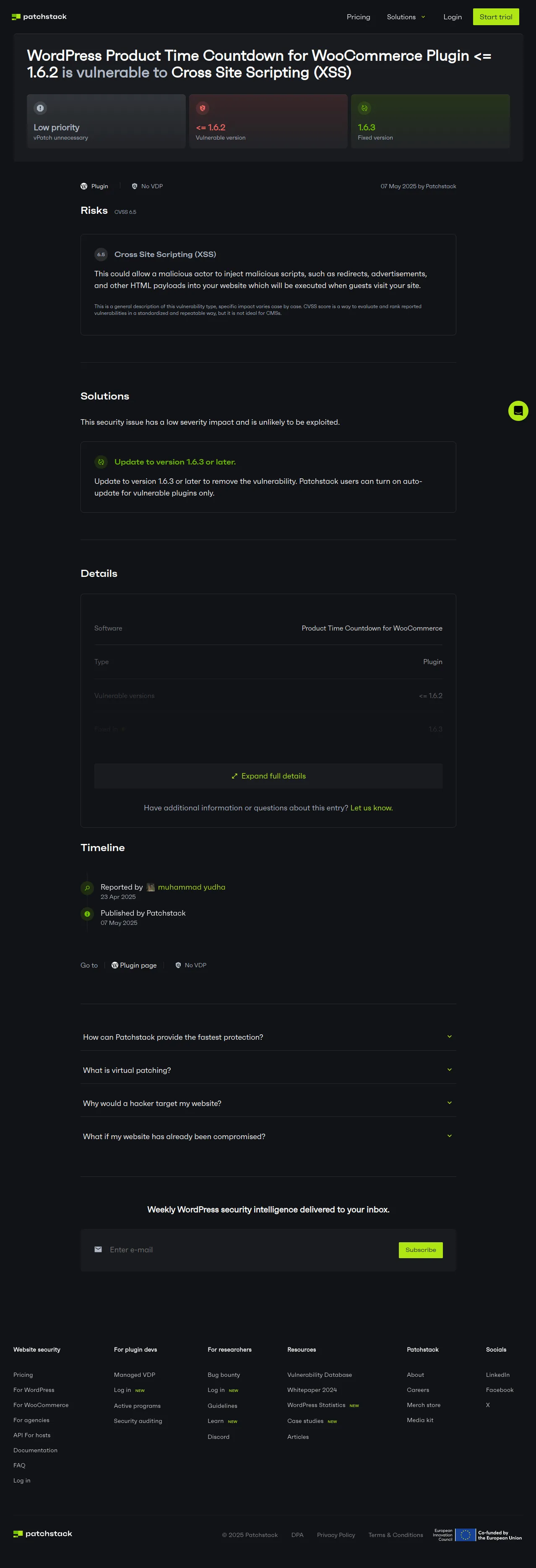 WordPress Product Time Countdown for WooCommerce <= 1.6.2 - Cross Site Scripting (XSS) Vulnerability - Patchstack
