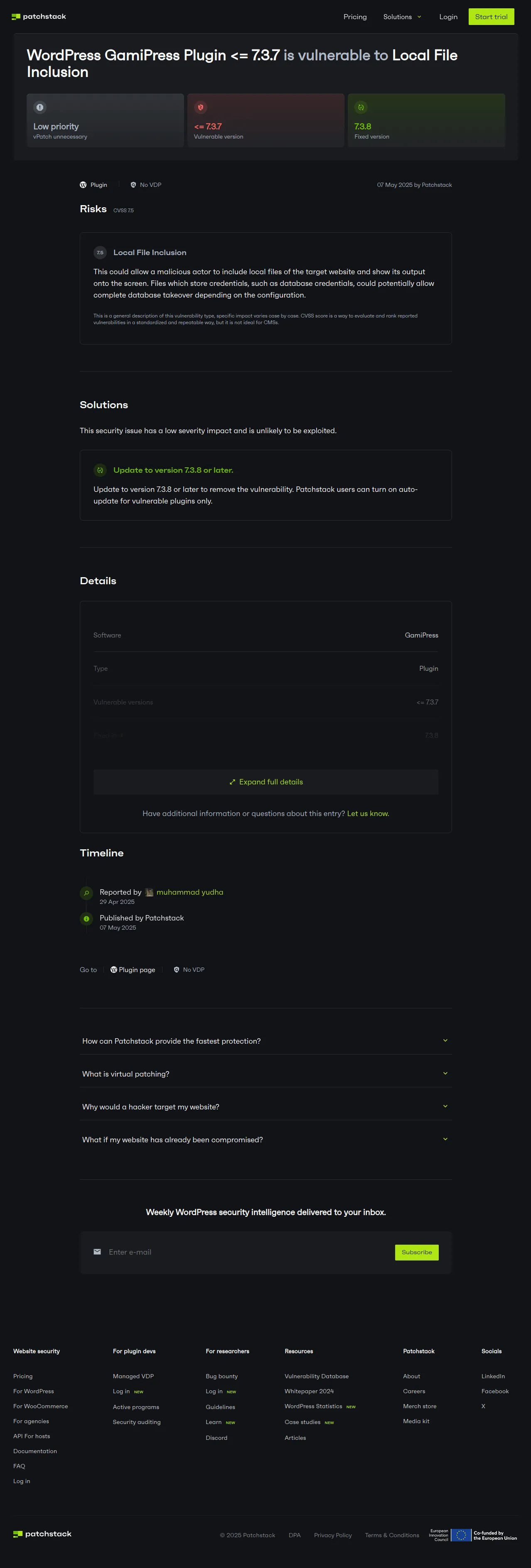 WordPress GamiPress <= 7.3.7 - Local File Inclusion Vulnerability - Patchstack