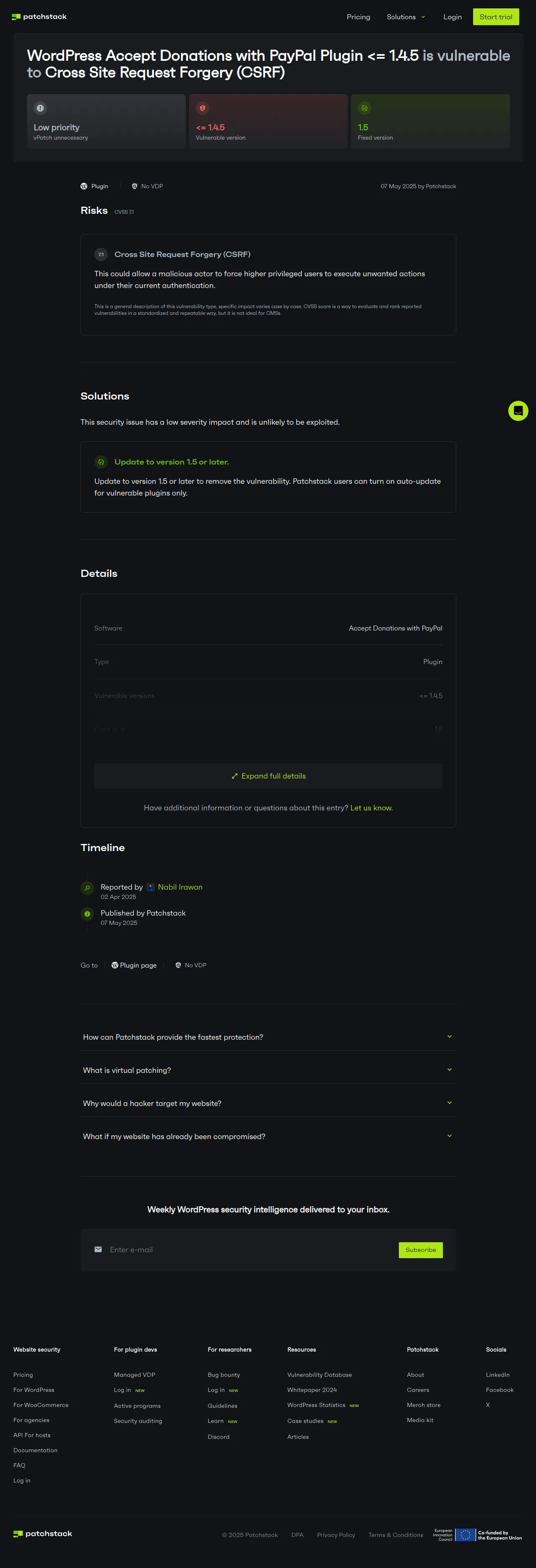 WordPress Accept Donations with PayPal plugin <= 1.4.5 - CSRF to Stored XSS vulnerability - Patchstack